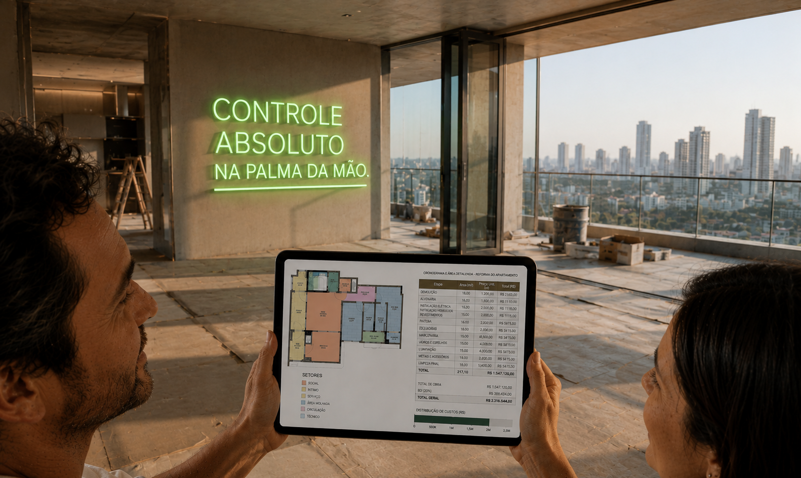 Casal acompanhando uma reforma e consultando o planejamento da obra no tablet